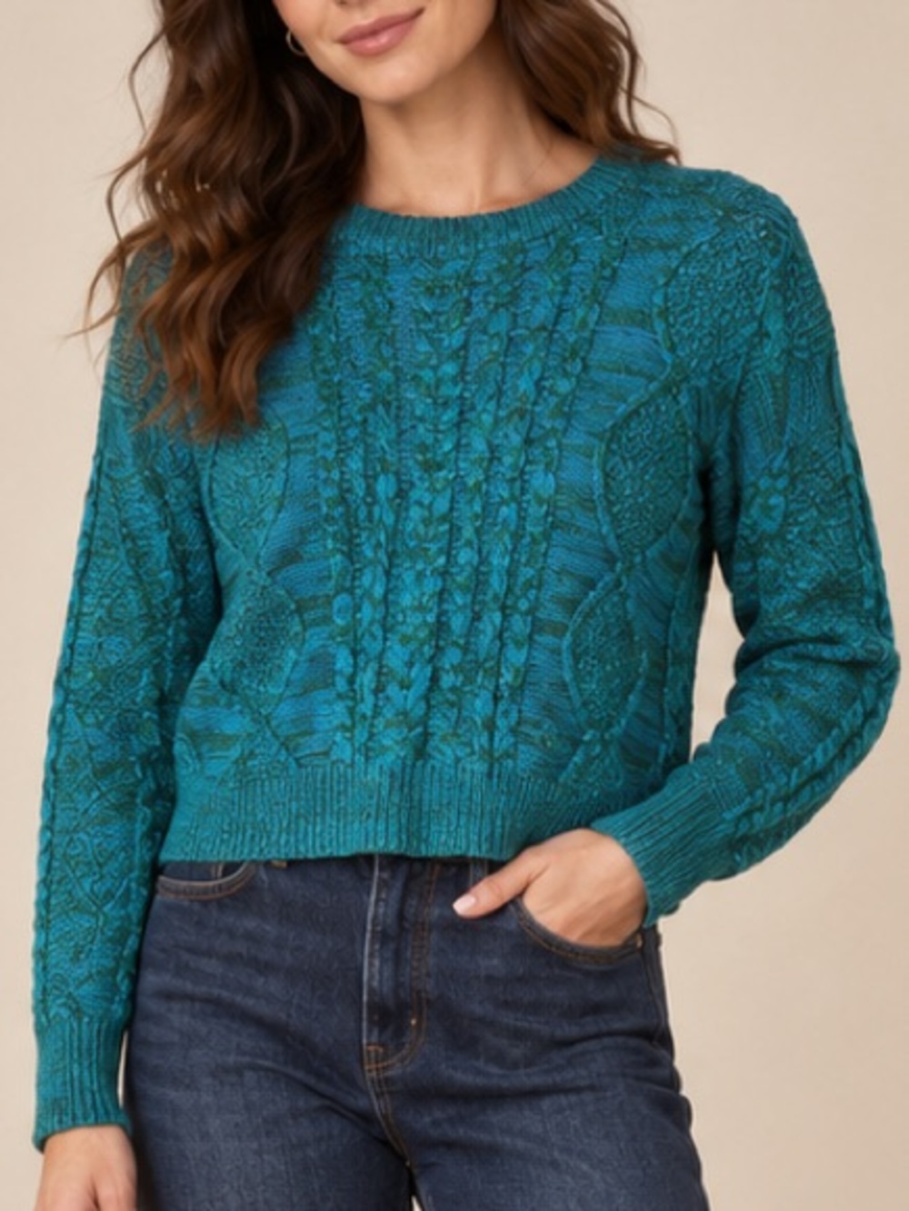 John + Jenn Teal Marled Cable Knit Cropped Sweater XS